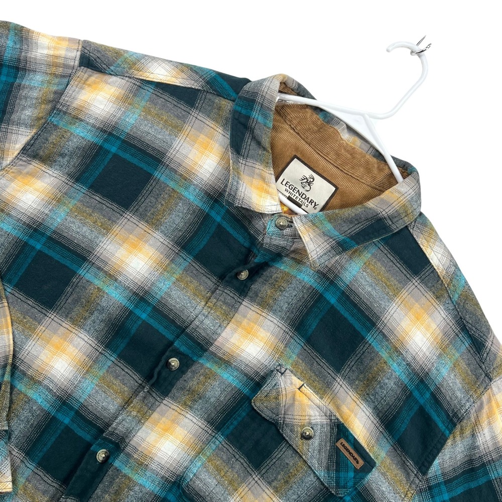Legendary Whitetails Flannel Shirt Mens 3XT Teal Gold Plaid Corduroy Trim